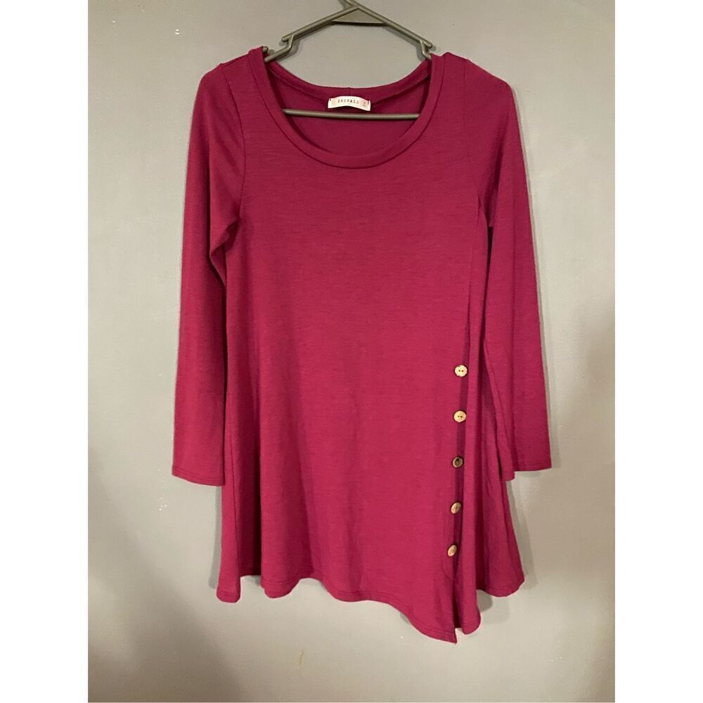 Emerald Long Sleeve Irregular Hem Tunic Top With Faux Buttons S